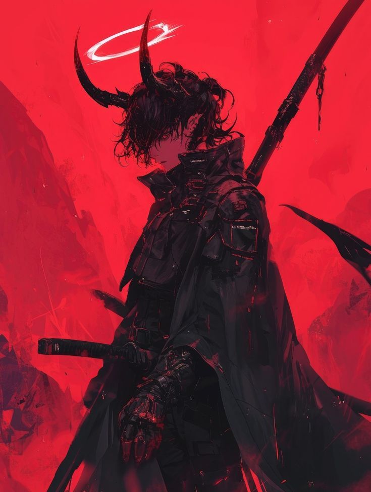 Alexander Abyss, horns curling above a halo, blade slung across his back.